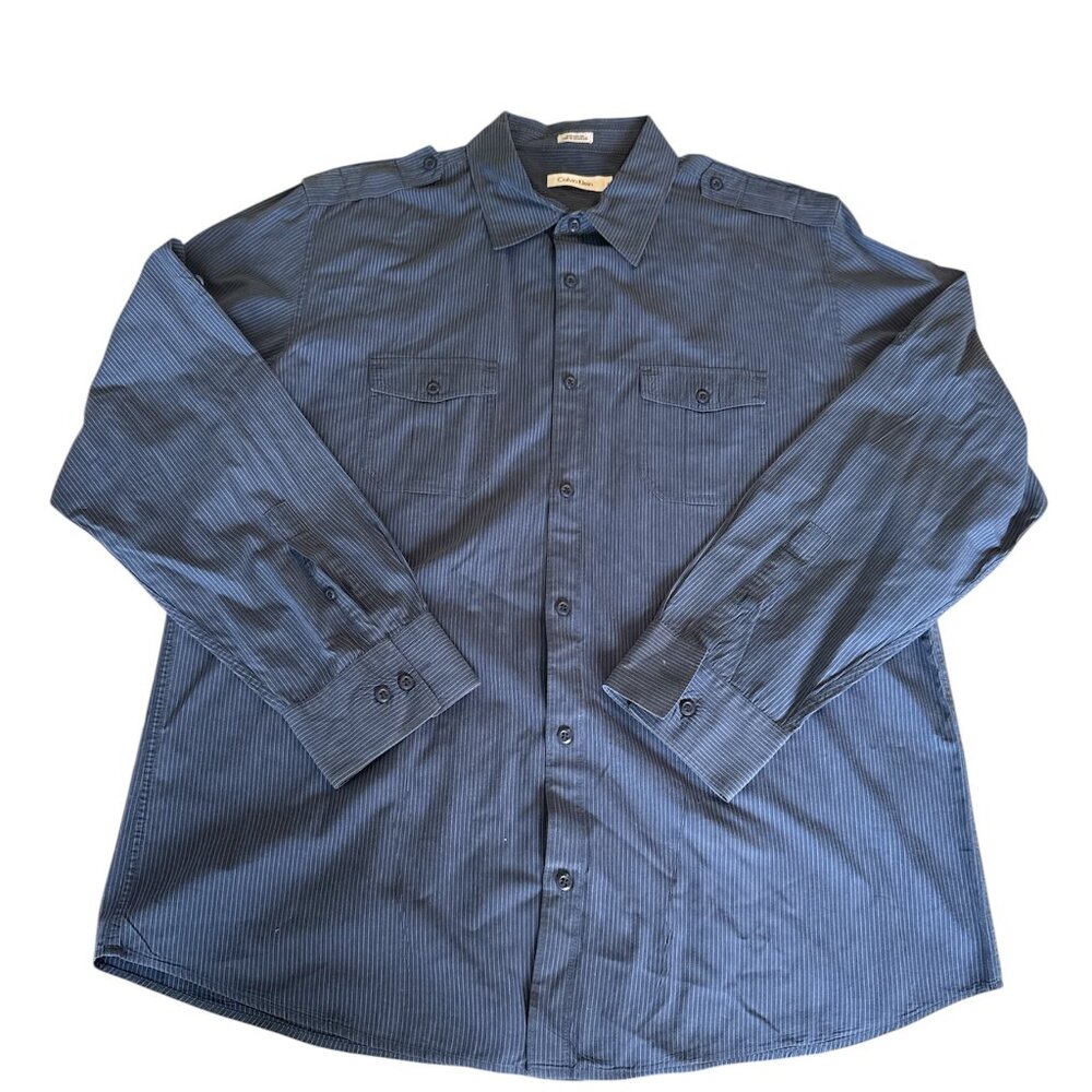 Calvin Klein 100% Cotton Pinstripe Button Down Shirt Corpcore Navy Flap Pocket